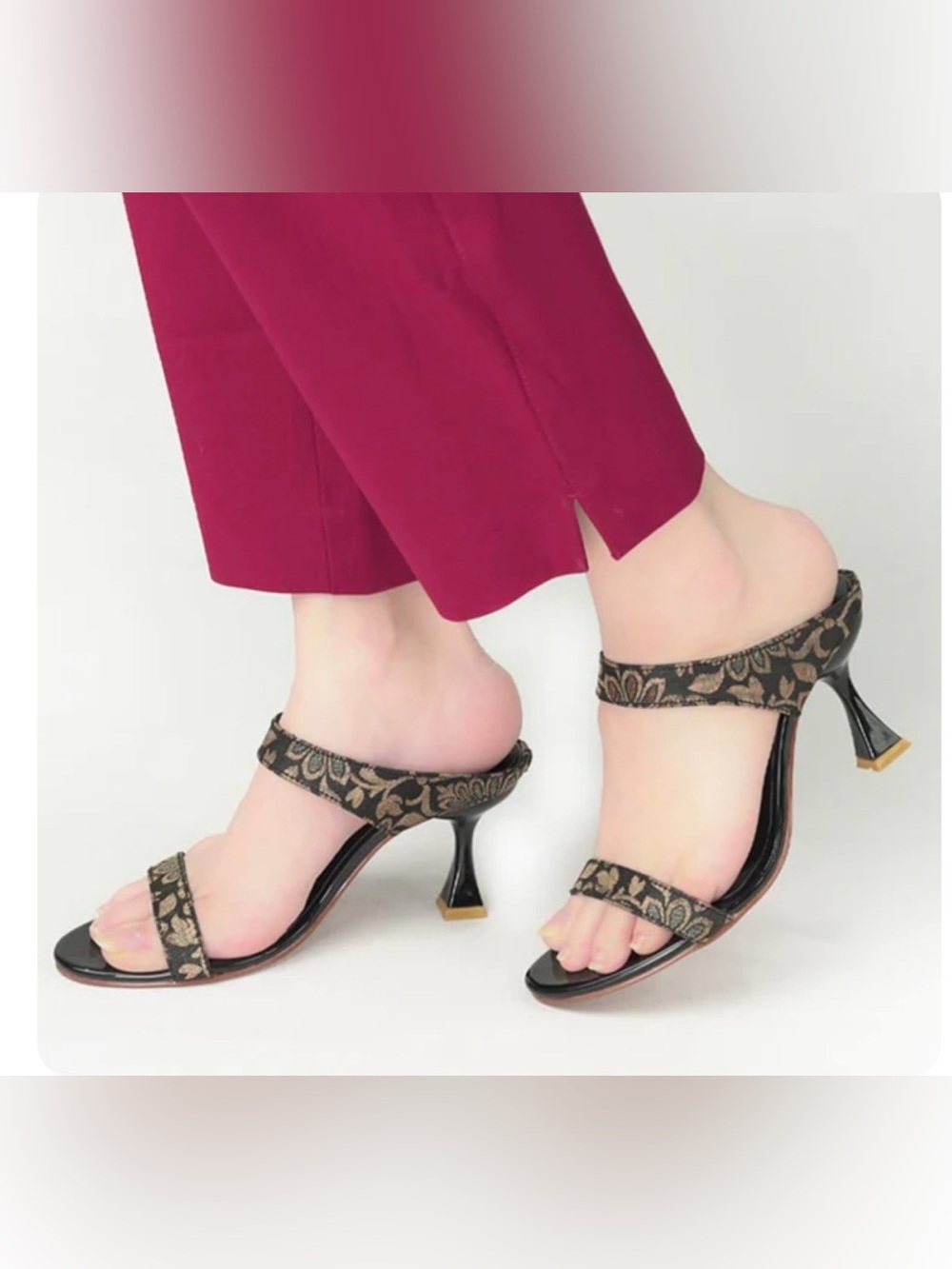Embroidered Black & Gold Strappy Heels